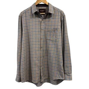 JOHNSTON & MURPHY Blue and Brown Plaid Button Down Long Sleeve Shirt, Size Large